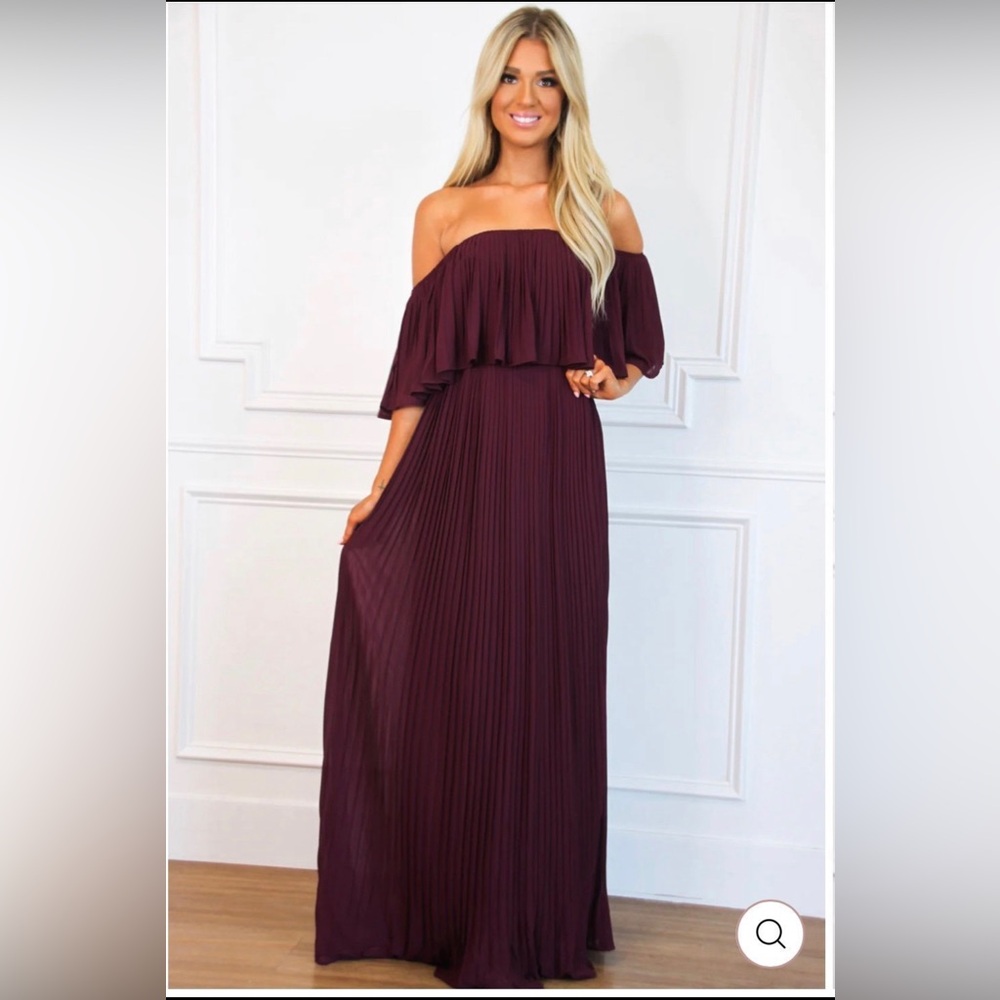 Wine Pleated Off Shoulder Maxi Dress
